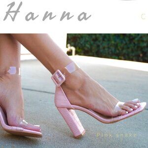 Hanna Pink Snake Print Heels – Clear Strap Block Heel Sandals (All Sizes)